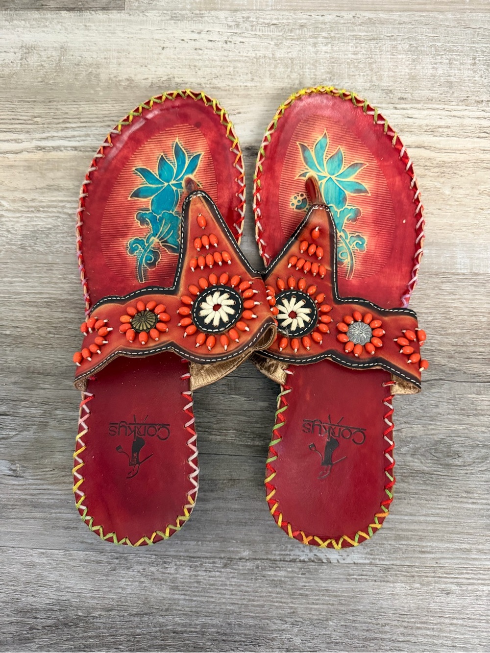 Corkys Women’s St. Bart Colorful Red Beaded Thong Sandals, 100% Leather-size 9